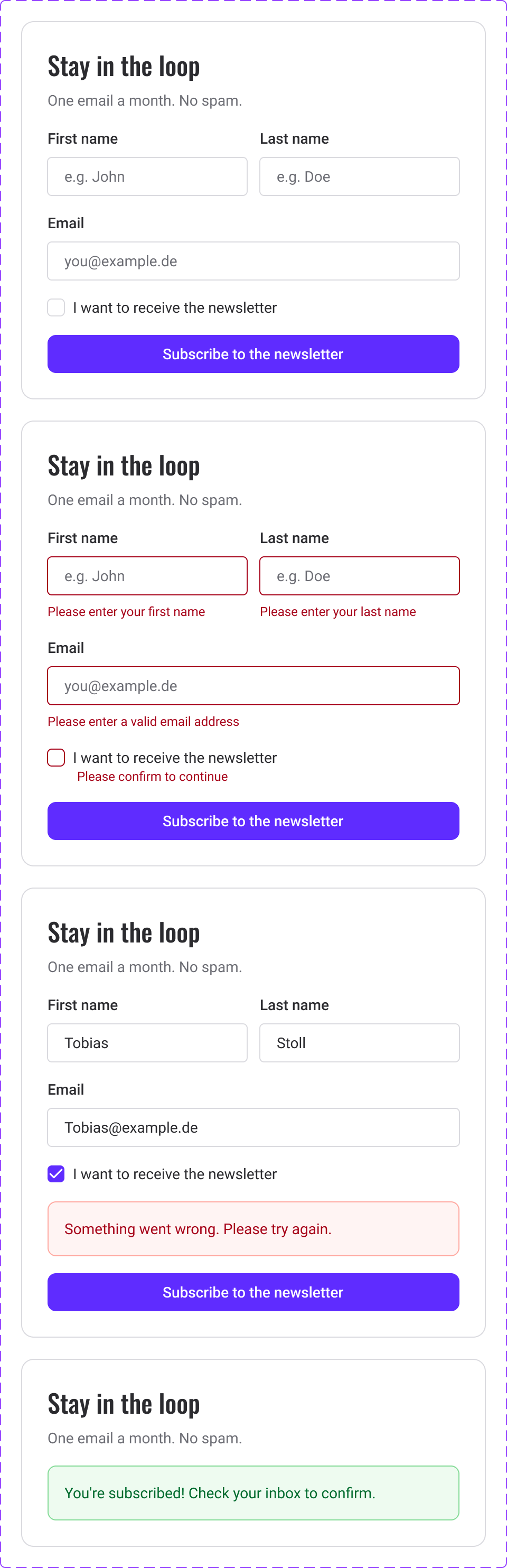 The Sign-up Card in Figma, all four states: default, error, server error, success